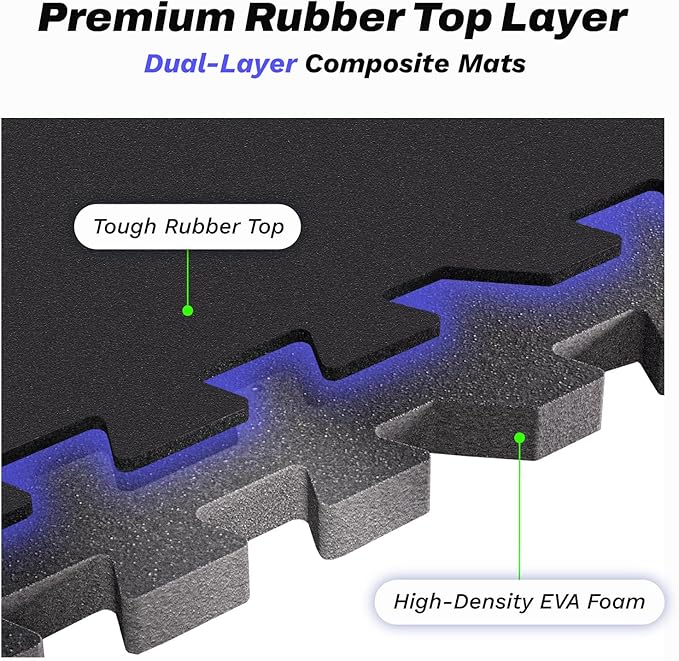 AIRHOP 0.56in Thick 96 Sq Ft Exercise Equipment Mats, 24 Tiles Upgraded Rubber Top with High Density EVA Foam, Large Interlocking Puzzle Gym Flooring for Home Gym, Heavy Weight Workout,Black