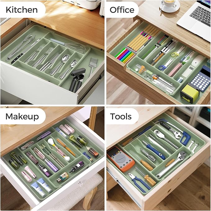 Extra Large Expandable Silverware Organizer, BPA-Free Food-Safe Cutlery Flatware Organizer, Kitchen Utensil Drawer Organizer, Adjustable Silverware Holder for Spoons Forks Knives, Green