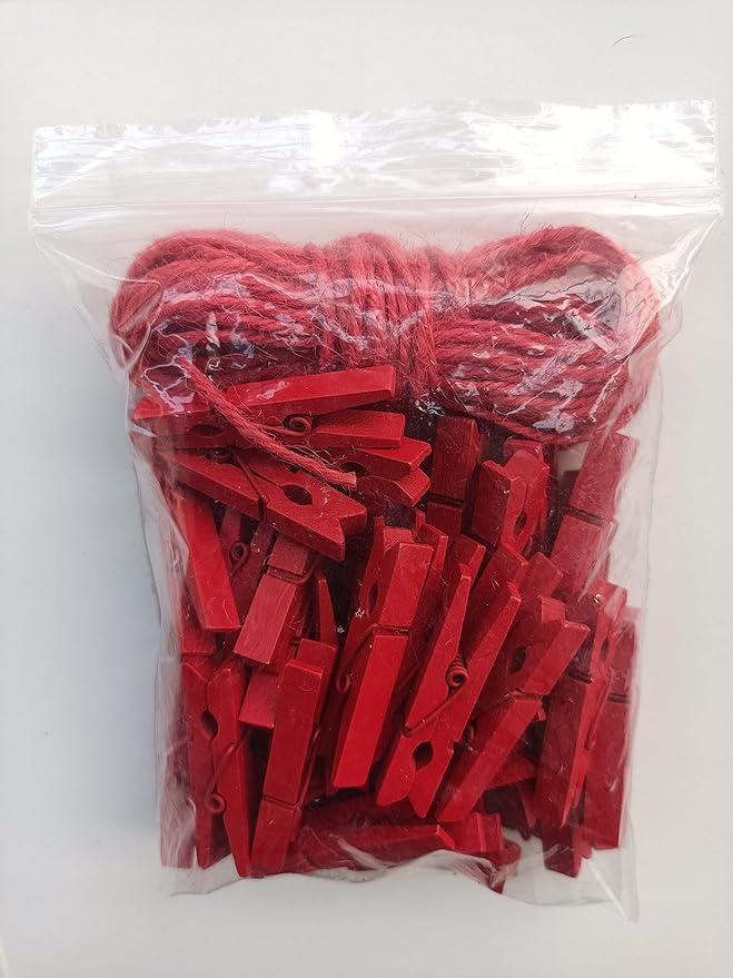 1.9 Inch Red Strong Wood Clothes Pins Hold Xmas Cards Papers Scrapbooking Gloves Socks Laundry Clip with Twine Pack 50