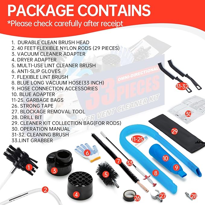 Dryer Vent Cleaner Kit, Bluesea 33-Piece Omnidirectional Dryer Cleaning Kit Include 40 Feet Dryer Vent Brush, Upgrade Noiseless Dryer Lint Vacuum Attachment, Lint Trap Brush, Vacuum & Dryer Adapters