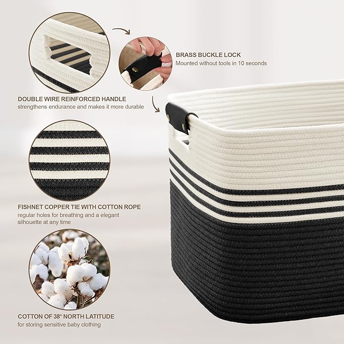 86L Extra Large Laundry Basket with Leather Handles for Living Room Storage, Woven Rope Baskets for Blanket, Kids Toy, Gifts, Wicker Hamper for Bedroom Dirty Clothes, 24"x16"x14" White Black
