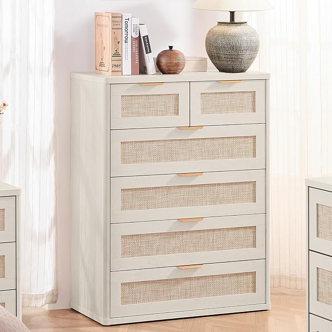 LEYAOYAO White Dresser for Bedroom, 42" Tall Chest of Drawers, Modern 6 Drawers Boho Rattan Dressers with Storage, Dresser Wooden Closet Organizer for Living Room, Hallway