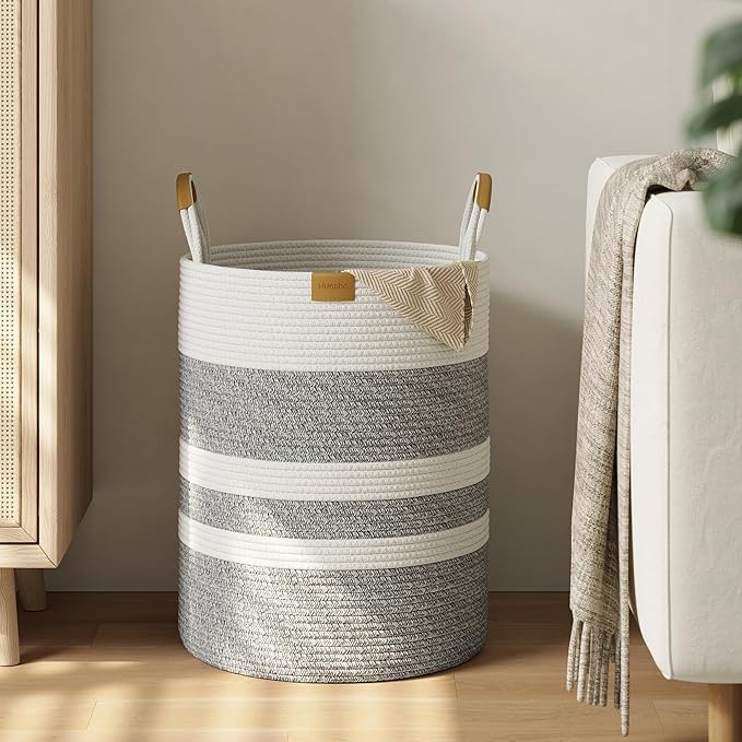 62L Striped Laundry Hamper with Leather Handles,Large Foldable Laundry Basket for Clothes,Cotton Rope Storage Bin for Blankets,Woven Clothes Basket for Bedroom,Gray Stripes