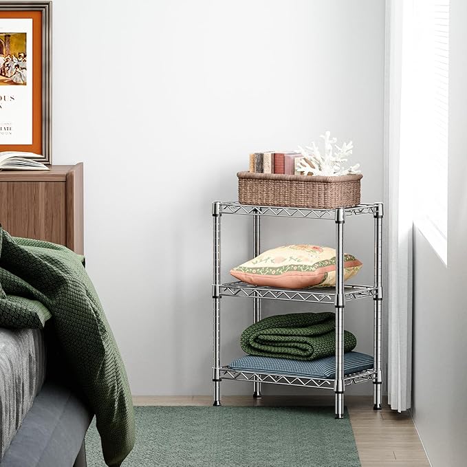750 lbs 3 Tier Shelf Metal Storage Shelves Wire Rack Closet Organizers with PP Board for Garage Kitchen Bathroom Laundry Chrome 11.8" D x 21.7" W x 28.6" H