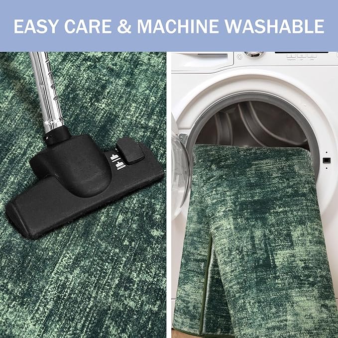 IOHOUZE Abstract Area Rugs 9x12 Ft Washable Large Rugs for Living Room, Non Slip Dining Room Rug, Printed Faux Wool Rugs for Bedroom, Floor Carpet for Office Nursery Playroom, Dark Green