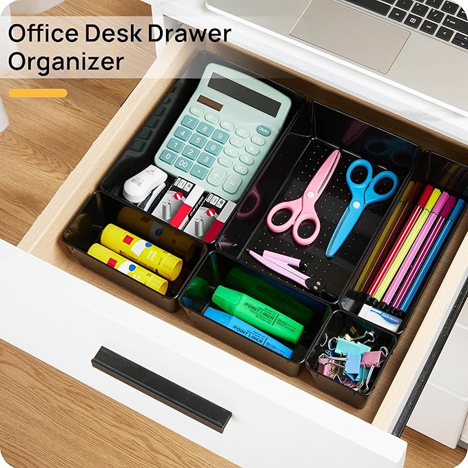 Vtopmart 25 PCS Office Desk Drawer Organizers Set, 4-Size Versatile Plastic Drawer Organizer Trays, Storage Bins for Desk Accessories Office Organizers and Storage, Bathroom, Makeup, Vanity, Black
