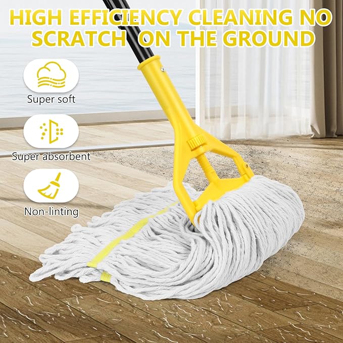 Beyoco Heavy Duty Commercial Industrial Cotton Mop with Long Handle,Looped-End String Wet Mops with Replacement Mop Head for Home,Garage,Office, Workshop, Warehouse Floor Cleaning