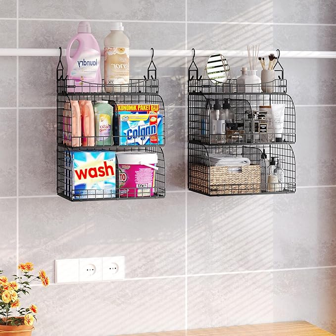 HapiRm Hanging Closet Organizer Storage - 3 Tier Metal Stackable Hanging Closet Shelves with Dividers and S Hooks, Foldable Clothes Shelves for Clothes, Pants, Shoes, Coat, Hats Clutches Accessories
