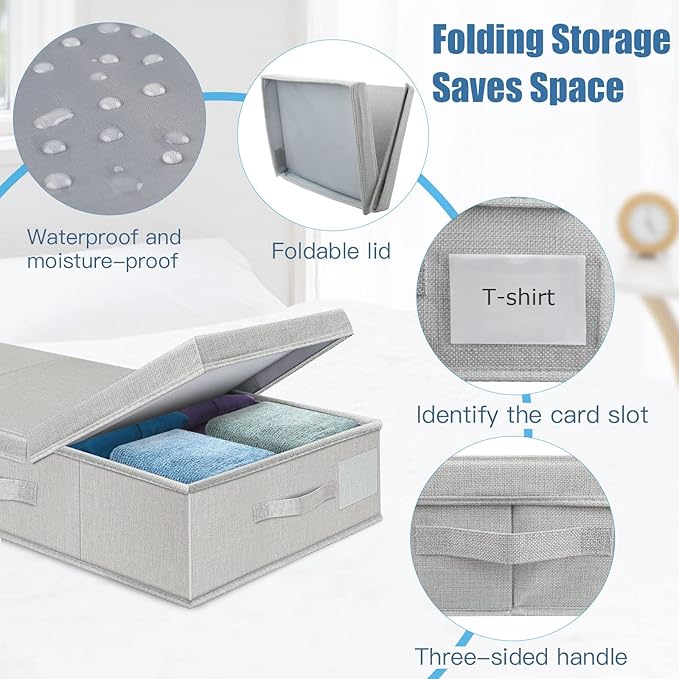 Underbed Storage Containers Bin with Lids, Large Under Bed Storage Organizer Box with Handle, Foldable Under the Storage Bags for Organizing Clothes, Shoes, Blankets, Pillows