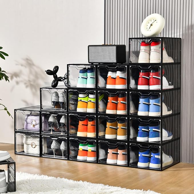 12 Pack Stackable Shoe Storage Organizer with Magnetic Door, Shoe Boxes Clear Black Plastic for Closet, Shoe Rack for Sneaker Boot Container, Shoe Cabinet Fit up to US Size 12