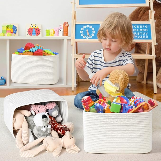 3-Pack Shelf Baskets for Organizing, Woven Storage Basket for Shelves, Cotton Rope Storage Bins for Toys Books, Nursery Towel Baskets for Classroom, 14.96"X9.8"X8.85", White