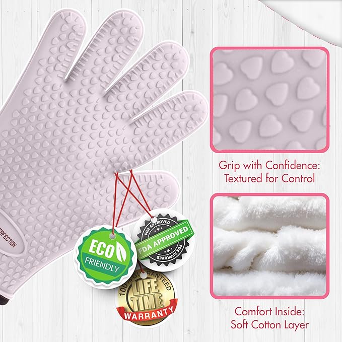 KITCHEN PERFECTION Silicone Smoker Oven Gloves for Women -Extreme Heat Resistant BBQ Gloves -Handle Hot Food Right on Your Smoker Grill Fryer|Waterproof Oven Mitts Grill |Superior Set+3 Bonuses
