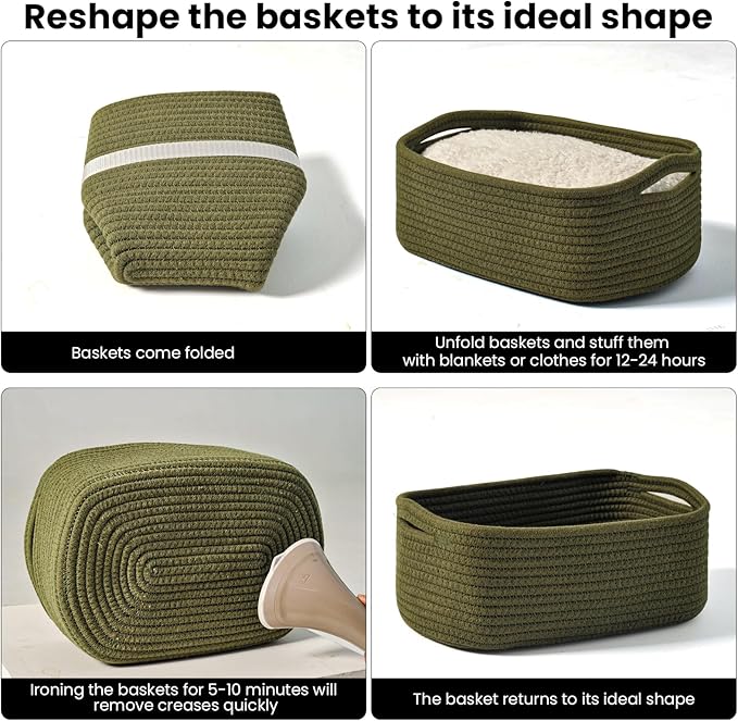 Small Green Storage Baskets for Organizing Shelves, Cute Woven Baskets for Storage, Organizer Basket for Decor, Gift Basket, 13"×8.5"×5.1" (3 Packs) Green