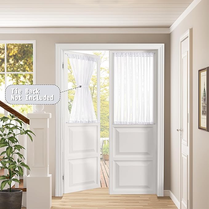 Tollpiz Short Sheer Door Curtains Closet Linen Textured Curtains Sheer Doorway Light Filtering Voile Patio Glass Door Rod Pocket Curtain French Door, 54 x 40 inches Long, White, Set of 1 Panel