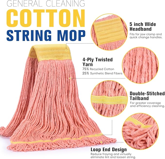 Matthew Cleaning Commercial Mop Head Replacement, 5 Inch Wide Headband, Looped End Cotton Blend String Wet Mops for Floor Cleaning, 24 oz Large, 6-Pack Orange