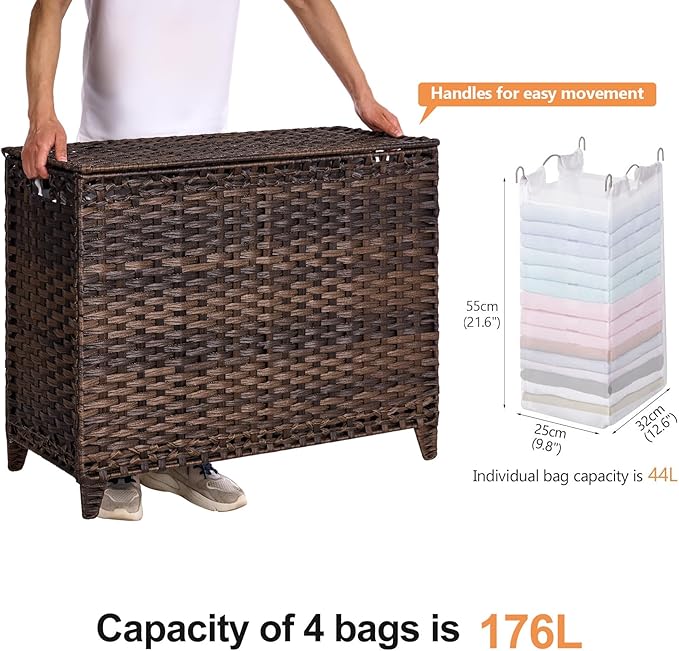 Laundry Hamper with 4 Removable Liner Bags; 176L Handwoven Rattan Laundry Basket with Lid & Heightened Feet; Clothes Hamper with Side Handles (Brown)