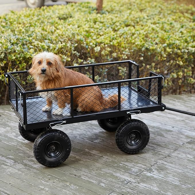 Garden Wagon Cart Heavy Duty 880 LBS Steel Utility Cart with All-Terrains 3.50-4" Solid Wheels 10" Tires, 180° Rotating Handle, Removable Sides, Laser-Welded Frame & Multi-Surface