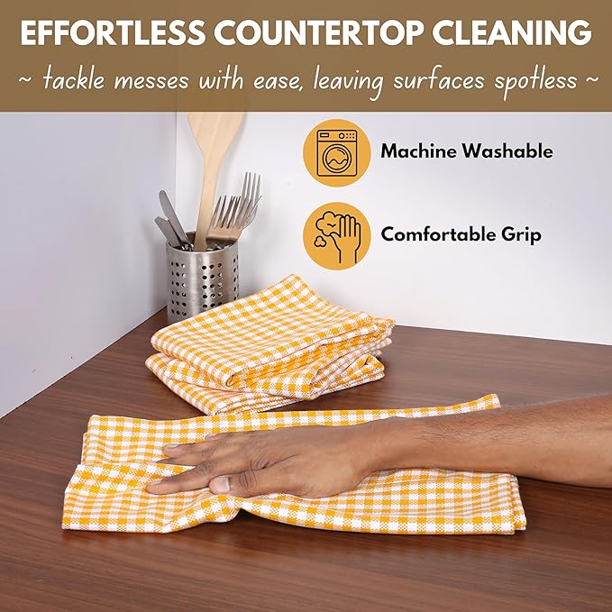 Native Fab 6 Pack Gingham Mini Check Kitchen Hand Towels Set - 100% Cotton Absorbent Reusable Washable 16"x26" - Quick Drying Dish Towels with Hanging Loops for Kitchen, Yellow White