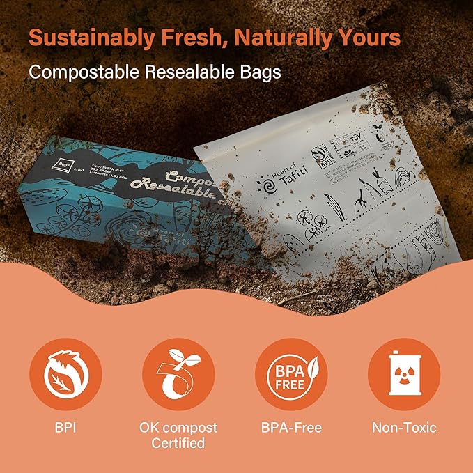 Compostable Food Storage Bags 110 Count, Extra Thick and Reusable, Eco-Friendly, Certified US BPI ASTM D6400 Europe OK Compost, Variety Pack for 50 Sandwich, 30 Quart, 30 Gallon