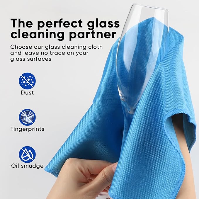 HOMEXCEL Microfiber Glass Cleaning Cloth 12 PK, Lint Free Streak Free, Reusable Cleaning Cloth for Cleaning Windows, Glasses, Mirrors, Screens, Stainless Steel, and More Blue-12”×12”