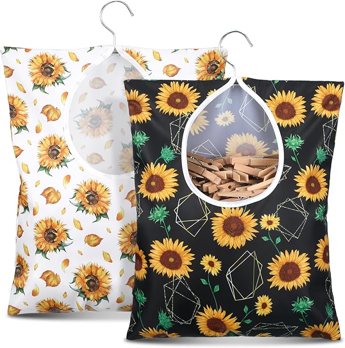 Woanger 2 Pcs Clothes Pin Bag Clothespin Holder 15 x 11 in to Hang on Line Clothes Pin Hanging Bag for Clothesline Outdoor Storage Organizer Basket with Large Opening(Sunflower Style)