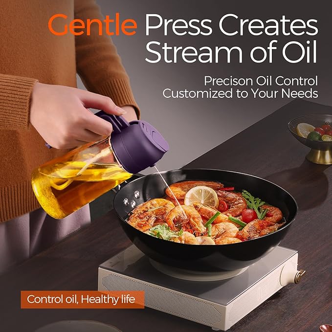 YARRAMATE 16oz/470ml Glass Olive Oil Sprayer for Cooking with Stickers, 2 in 1 Oil Dispenser for Kitchen Gadgets, Food Grade Premium Spray Bottle with Portion Control for Salad, BBQ (Purple)