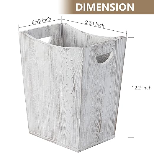 SEHERTIWY Wood Trash Can, Farmhouse Wastebasket Bin for Bathroom, Office, Bedroom, Living Room, Small Square Rustic Garbage Container (Wood-White)