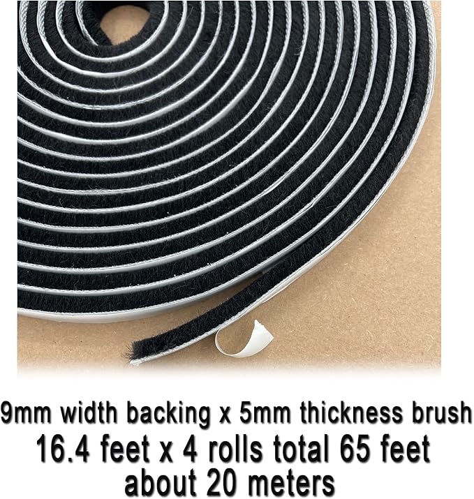 Window Weather Stripping Brush for Sliding Door Frame, Pile Self Adhesive Weather Strip Seal Strip Sealer Soundproofing (65ft x11/32 Backing x 3/16 Brush inch, Black)