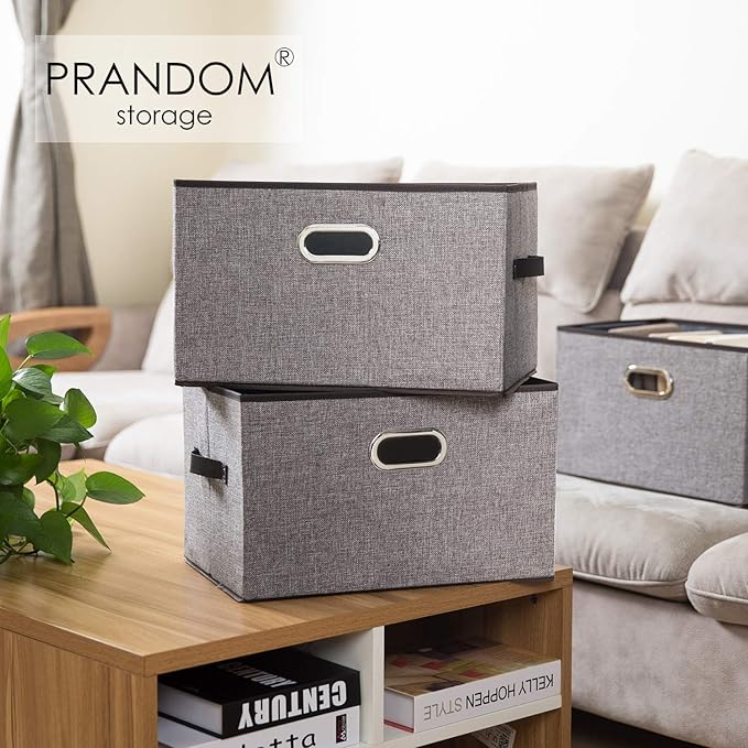 PRANDOM Larger Collapsible Storage Bins for Closet [5-pack] Decorative Linen Fabric Storage Baskets Cubes with Leather/Metal Handles for Living Room Grey (17.3x12.2x10.4 Inch)