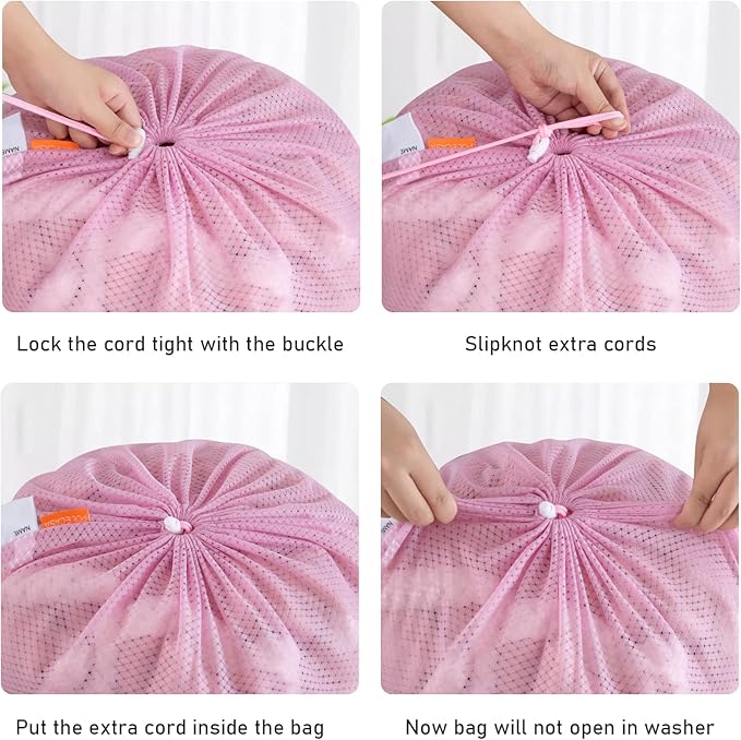 Polecasa Heavy Duty Large Mesh Laundry Bags with ID Tag and Locking Drawstring Closure - 2 Pack, 24 x 36 inches - Laundry Hamper Liner, Washable Laundry Bag for Travel, Sports, Dorms (Pink)