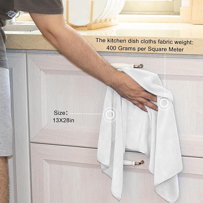 kimteny 13x28 Inches Kitchen Cloth Dish Towels, 400 GSM Premium Dishcloths, Super Absorbent Coral Velvet Microfiber Cleaning Cloths, Fast Drying Rags for Washing Dishes (12 Pack, White)