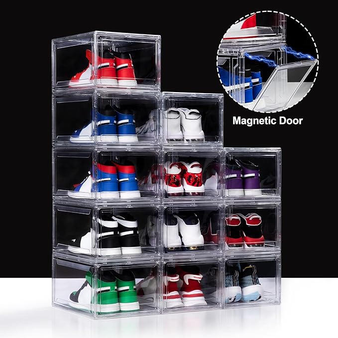 12 Pack Acrylic Shoe Boxes, Ultra Clear Shoe Boxes Stackable, Shoe Storage Box Sneaker Storage for Sneakerhead, Foldable Shoe Organizer with Magnetic Door, Professional Shoe Display Fits US Size 15