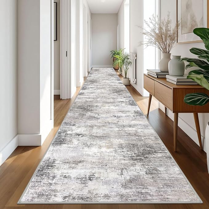 IOHOUZE Abstract Runner Rug 3x20 Ft Extra Long Washable Runners for Hallways, Non Slip Kitchen Runner Printed Faux Wool Entryway Runner Indoor, Modern Abstract Floor Carpet for Hall Stair, Grey Beige