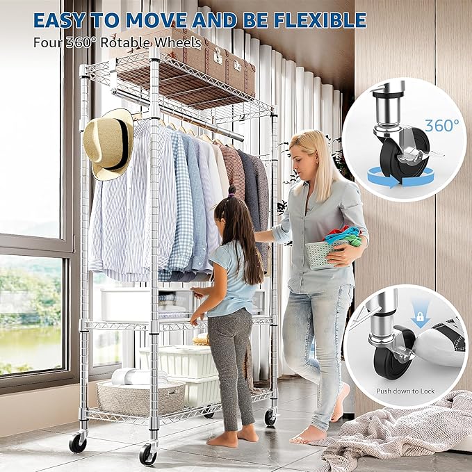 Heavy Duty Rolling Garment Rack 3 Tiers Adjustable Wire Shelving Clothes Rack with Rods and Side Hooks,Storage Closet Clothing Rack with Wheels Chrome 15.7" D x 29.5" W x 74.5" H