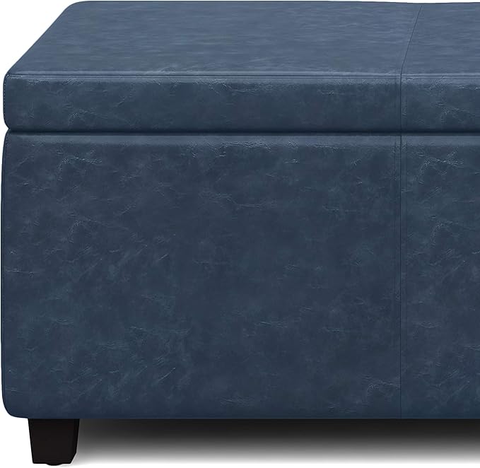 SIMPLIHOME Avalon 48 inch Wide Contemporary Rectangle Storage Ottoman Bench in Denim Blue Vegan Faux Leather, Assembled, For the Living Room, Entryway and Family Room