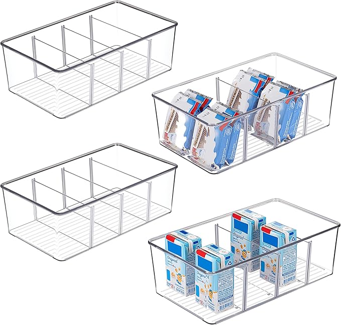 Vtopmart 4 Pack Food Storage Organizer Bins, Clear Plastic Bins for Pantry, Kitchen, Fridge, Cabinet Organization and Storage, 4 Compartment Holder Packets, Snacks, Pouches, Spice Packets