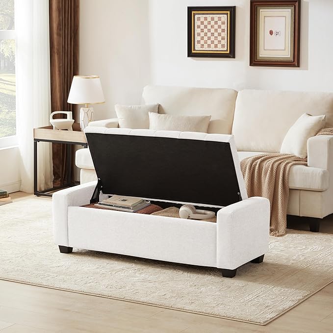 48" Ottoman with Storage, White Storage Ottoman Bench with Safety Hinge, Upholstered Entryway Bench with Seating for Bedroom, Living Room, Holds up to 330 lb