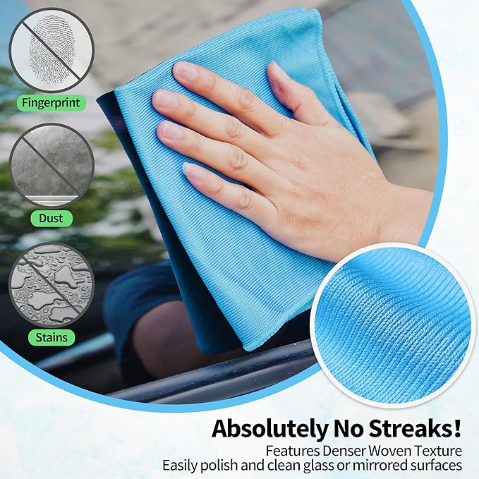 HOMERHYME Microfiber Glass Cleaning Cloth, 12 Pack Window Glass Cleaning Rags, Reusable Lint-Free Streak Free Polishing Cloth Wipes for Stainless Steel, Eyeglasses, Mirrors, Screens & Lenses,12" 12"