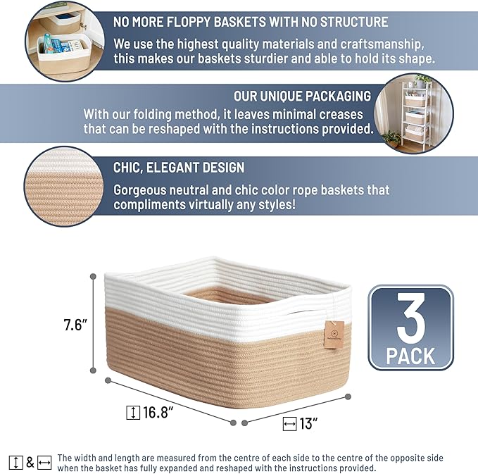 NaturalCozy Storage Baskets 16.8”x13”x7.6” Cotton Rope Woven Baskets for Organizing 3-Pack | Toy Storage Bins | Basket for Shelves, Laundry, Blanket, Clothes, Closet, Kitchen, Bathroom, Gifts