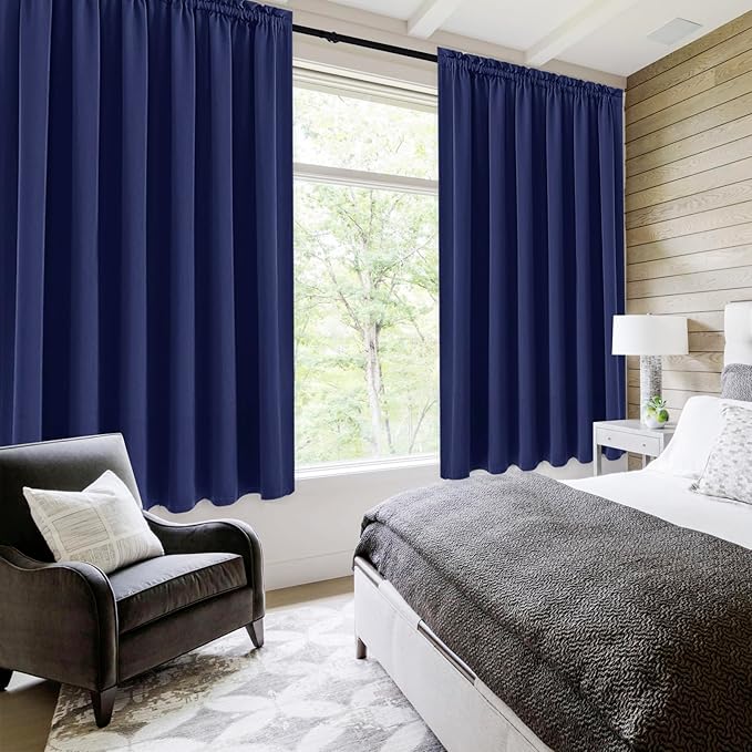DWCN Blackout Curtains for Living Room Thermal Insulated, Energy Saving & Noise Reducing Bedroom Curtains, Navy, W 70x L 63 Inch, Set of 2 Rod Pocket Curtain Panels