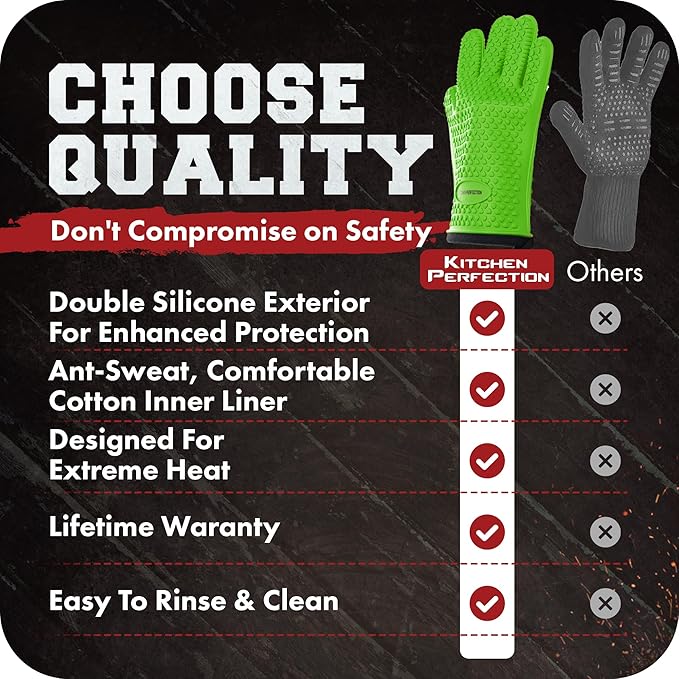 KITCHEN PERFECTION S Silicone Smoker Oven Gloves -Extreme Heat Resistant BBQ Gloves -Handle Hot Food Right on Your Grill Fryer Pit|Waterproof Oven Mitts |Superior Value Set+3 Bonuses