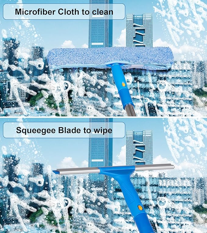 Window Squeegee Cleaner with 4 Stainless Steel Extension Poles,Long Reach to 58inch, Scrubber, Glass Scraper, Bendable Duster, 2 Scrubber Cloth for Window, Car, Professional Cleaning Kit