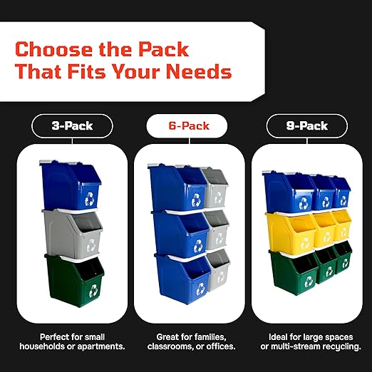 6 Gallon Stackable Recycling Bins for Homes, Garages, Offices Made of 100% Recycled Plastic - (Red, 6 Pack)