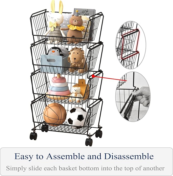 PUSDON 4-Tier Stackable Metal Storage Baskets, Anti-Rust Fruit Vegetable Rack, Dual Use Shelf for Kitchen, Home & Office, Black