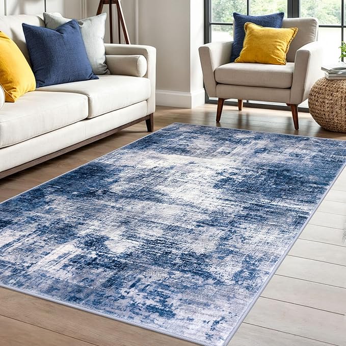 IOHOUZE Abstract Area Rug 4x6 Ft Washable Rugs for Entryway Indoor, Non Slip Small Living Room Rugs Printed Faux Wool Throw Rug, Floor Carpet for Kitchen Nursery Playroom, Navy/Grey