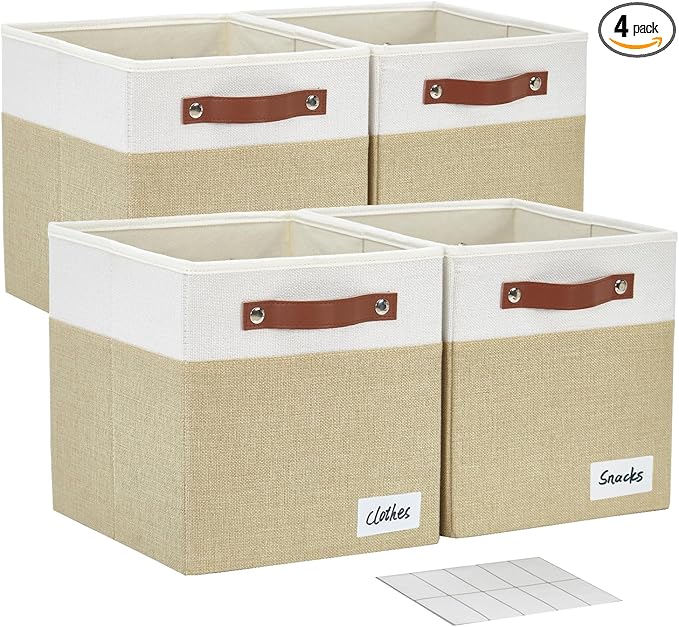 Collapsible Fabric Storage Cube Bins with 2 Reinforced PU Handles, Foldable Storage Organizer Baskets for Closet, Shelves, Living Room | 13"x13"x13", 4 Pack, Beige & White