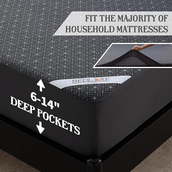 BEDLORE Full Size Mattress Protector, Waterproof Noiseless Mattress Cover with Stretchable Pockets for 6-15 inches Mattress, Soft Breathable Mattress Pad for College Dorm (Dark Gray)