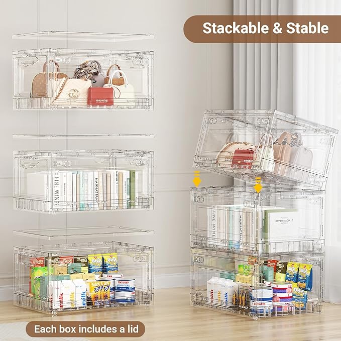 BROVIEW Clear Stackable Storage Bins Drawers, Open Front Large Plastic Storage Bins with Lids, Foldable Closet Organizers and Storage for Wardrobe Cabinets, Pantry, Makeup,3 Pack