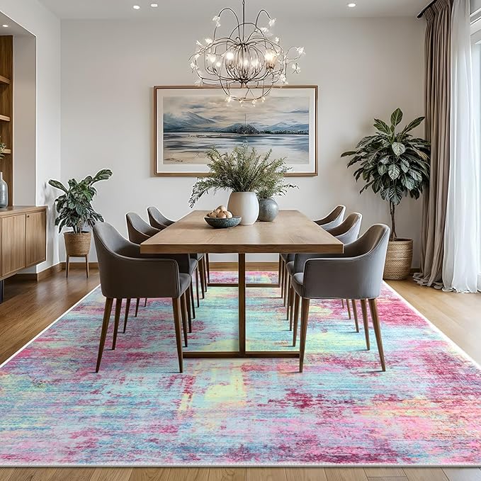 IOHOUZE Abstract Area Rugs 8x10 Ft Washable Large Rugs for Living Room, Non Slip Dining Room Rug, Printed Faux Wool Rugs for Bedroom, Floor Carpet for Office Nursery Playroom, Pink Teal