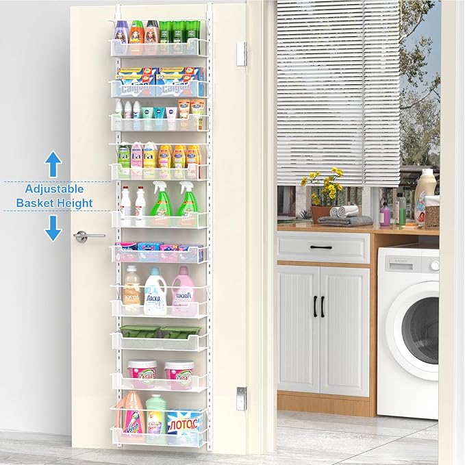 Over the Door Pantry Organizer, 10-Tier Over the Door Organizer with Adjustable Basket, Pantry Door Organization for Pantry Kitchen Storage Room Spice Rack, White